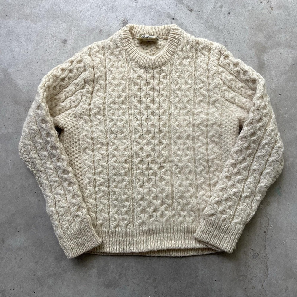 Vintage Gaeltarra Irish Sweater Wool Fisherman Cable Knit Ivory Aran XS